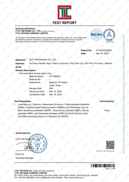 DHT Packaging Achieves RoHS Compliance for White PP Fabric (Report No. HT40325359301)